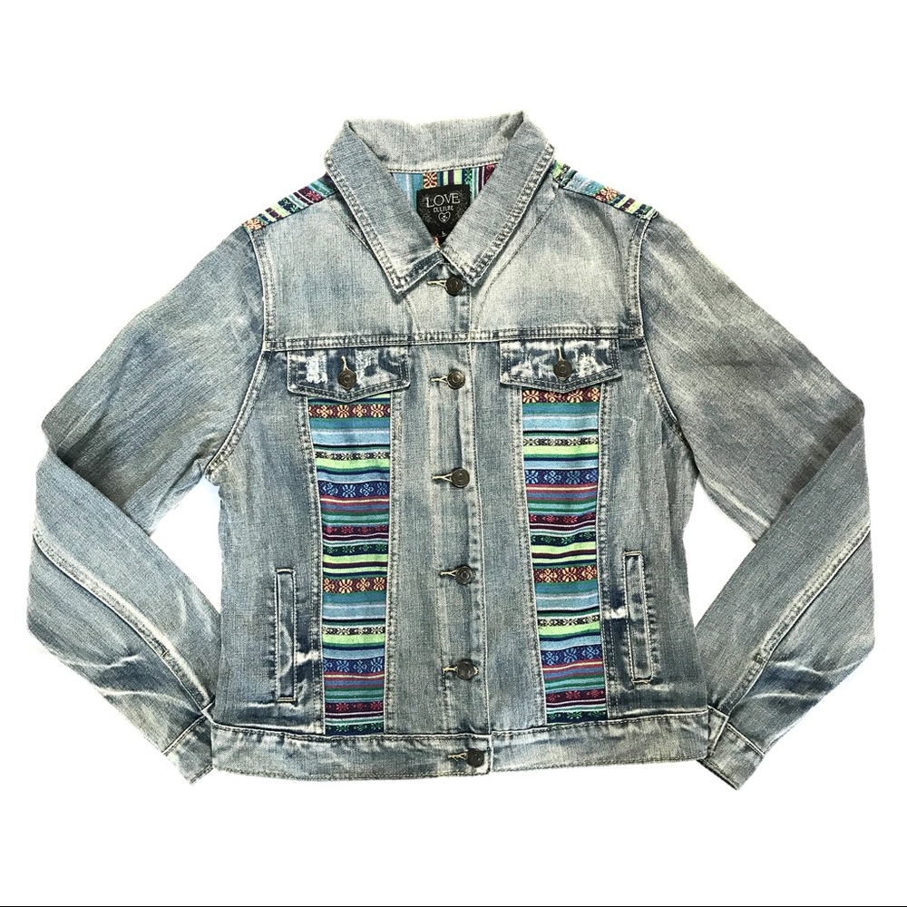 Love Culture Light Blue Denim Jacket with Colorful Stripes